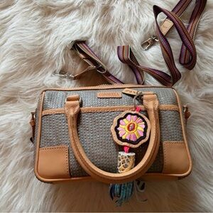 Consuela Beige and Cream Satchel with Floral Charm